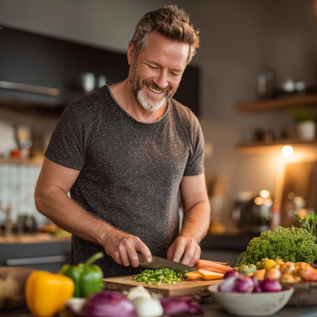 Fit middle-aged man in his late 40s preparing a nutritious meal in modern kitchen, chopping fresh vegetables with a smile, wearing casual clothes