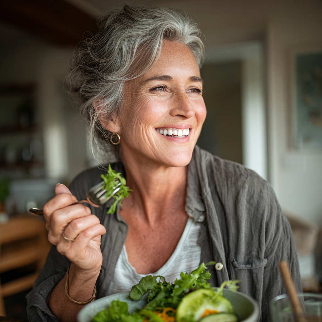 Happy mature woman in her 50s enjoying a healthy salad meal at home, smiling while holding a fork with fresh vegetables, natural daylight
