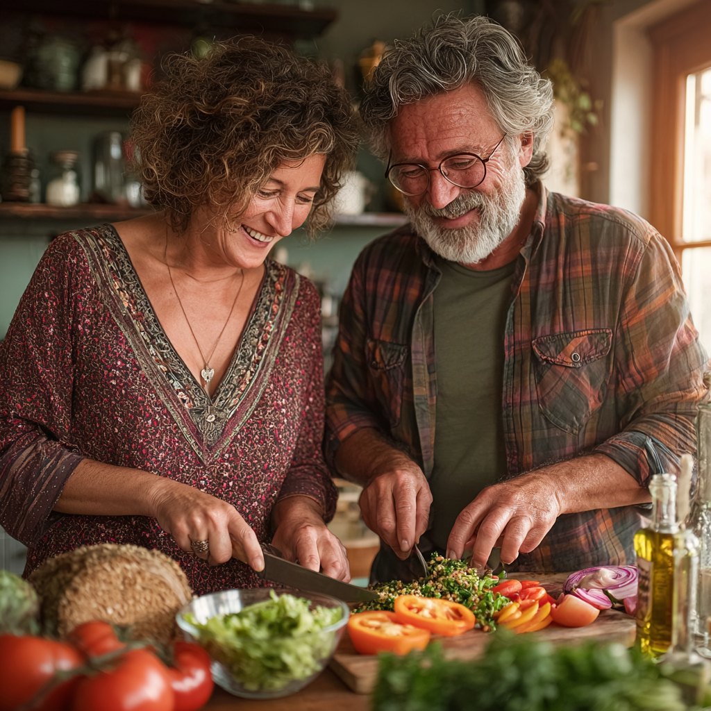 Healthy mature couple in their early 50s cooking together in bright kitchen, preparing fresh salad and whole grain meal, both smiling, natural window light